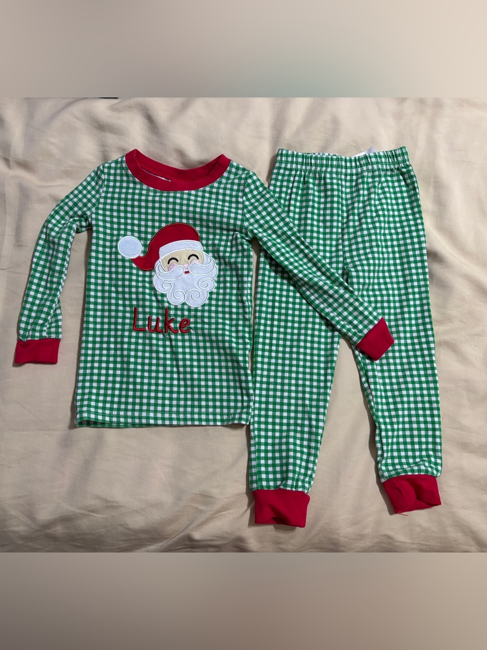 Green Gingham Kids Pajamas with Santa “Luke”